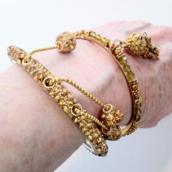 Set of Rhinestone Beaded Eastern Inspired Bangle Bracelets with Dangles - Picture 4 of 6